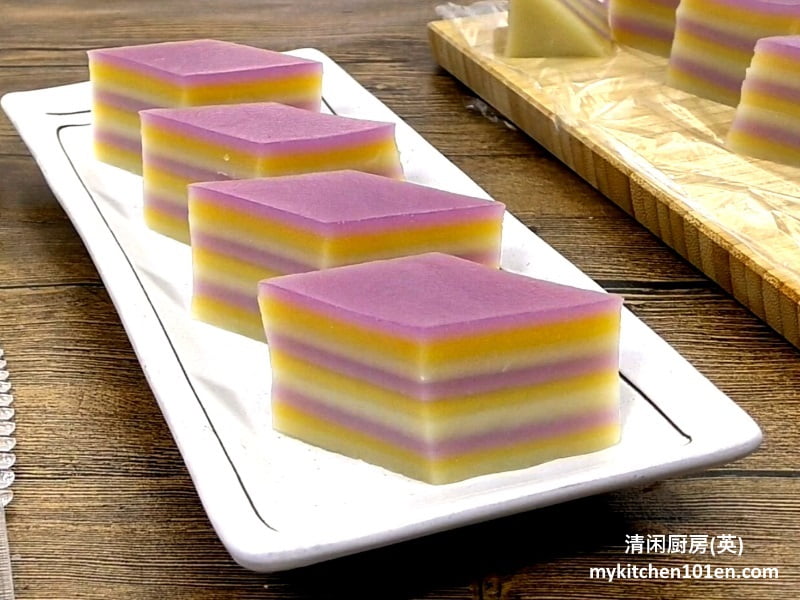 Making 9-layer Kuih with 3 different colours sweet potatoes