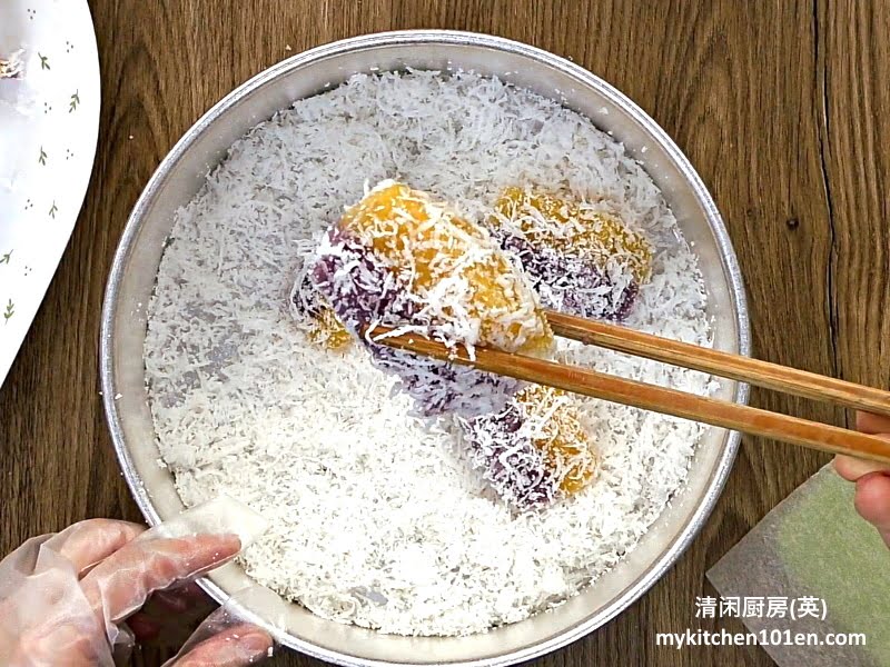 Orange Purple Sweet Potato Sago Kuih with Shredded Coconut